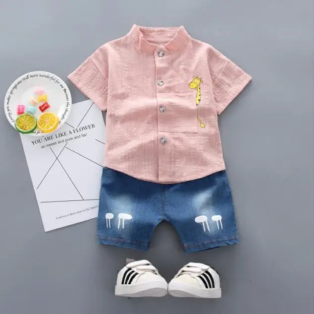 Ensemble d’été bébé garçon 2 pièces – Chemise légère à col mandarin & short en denim (6 à 36 mois)
