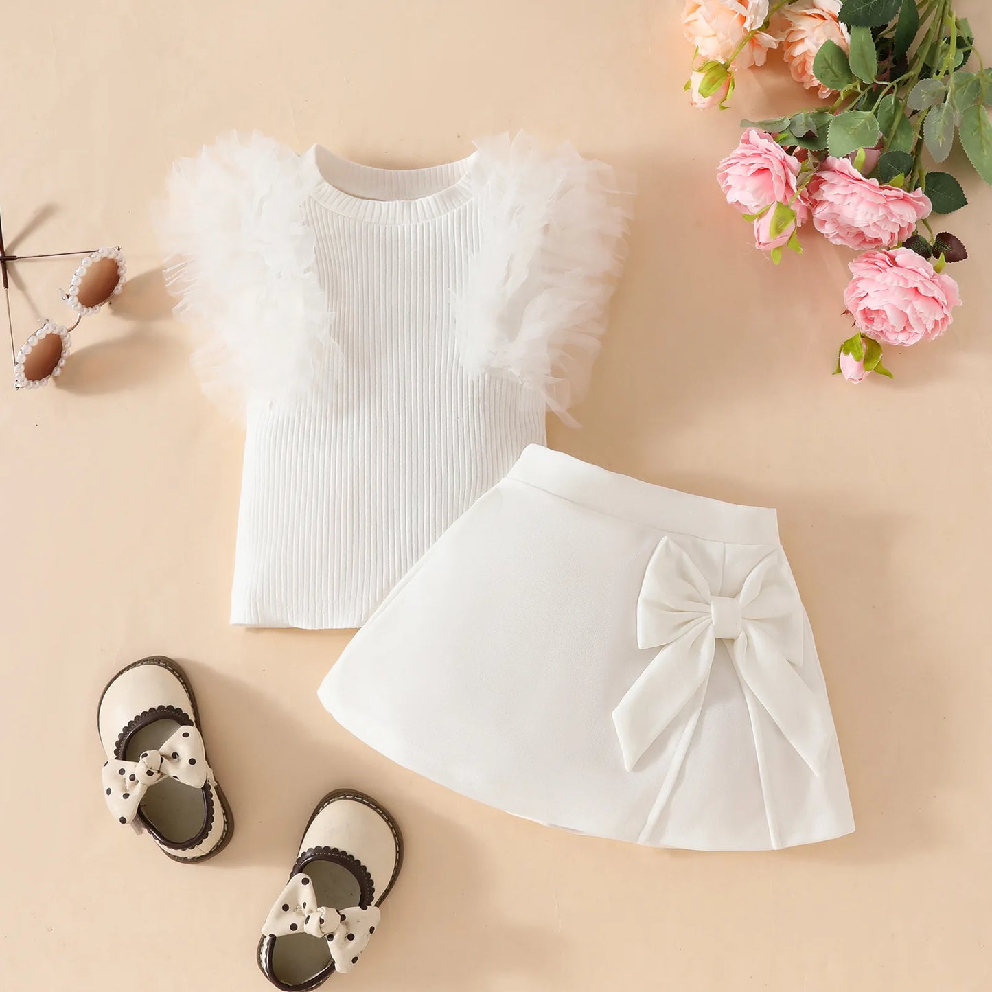 Ensemble bébé fille élégant 3 pièces – Haut à manches longues avec gros nœud, jupe irrégulière & béret assorti (0 à 24 mois)