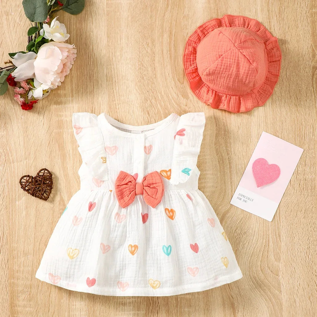 Robe d’été pour bébé fille – Ensemble 2 pièces coton doux avec motif cœurs et chapeau assorti