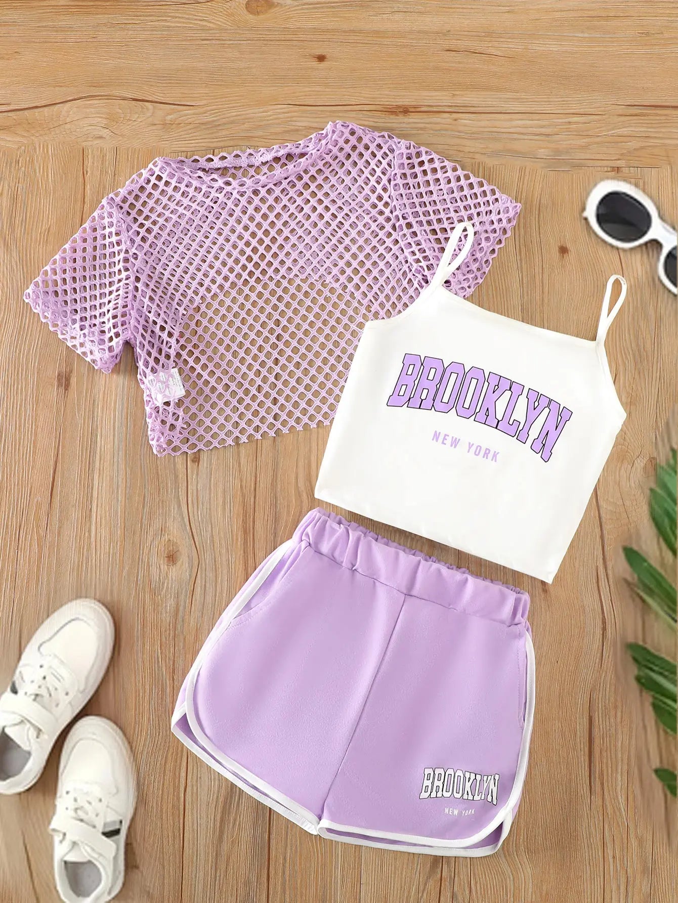 Ensemble 3 pièces d’été fille – Top mesh + Débardeur + Jupe/Short (7–13 ans)