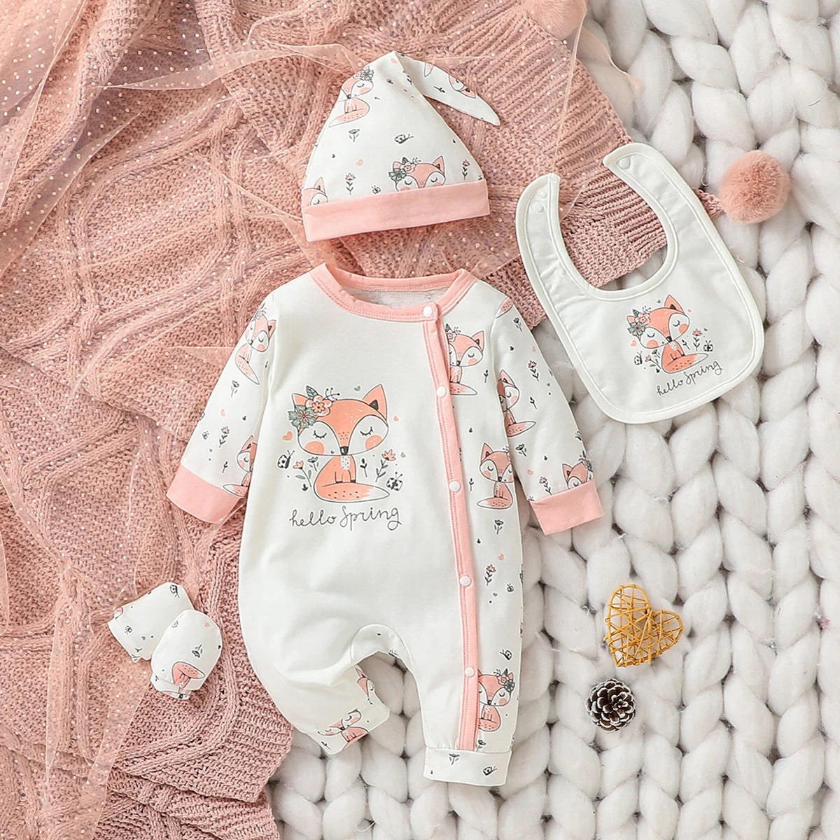 Ensemble bébé fille 4 pièces pastel à manches longues – Motif cerf – Toutes saisons