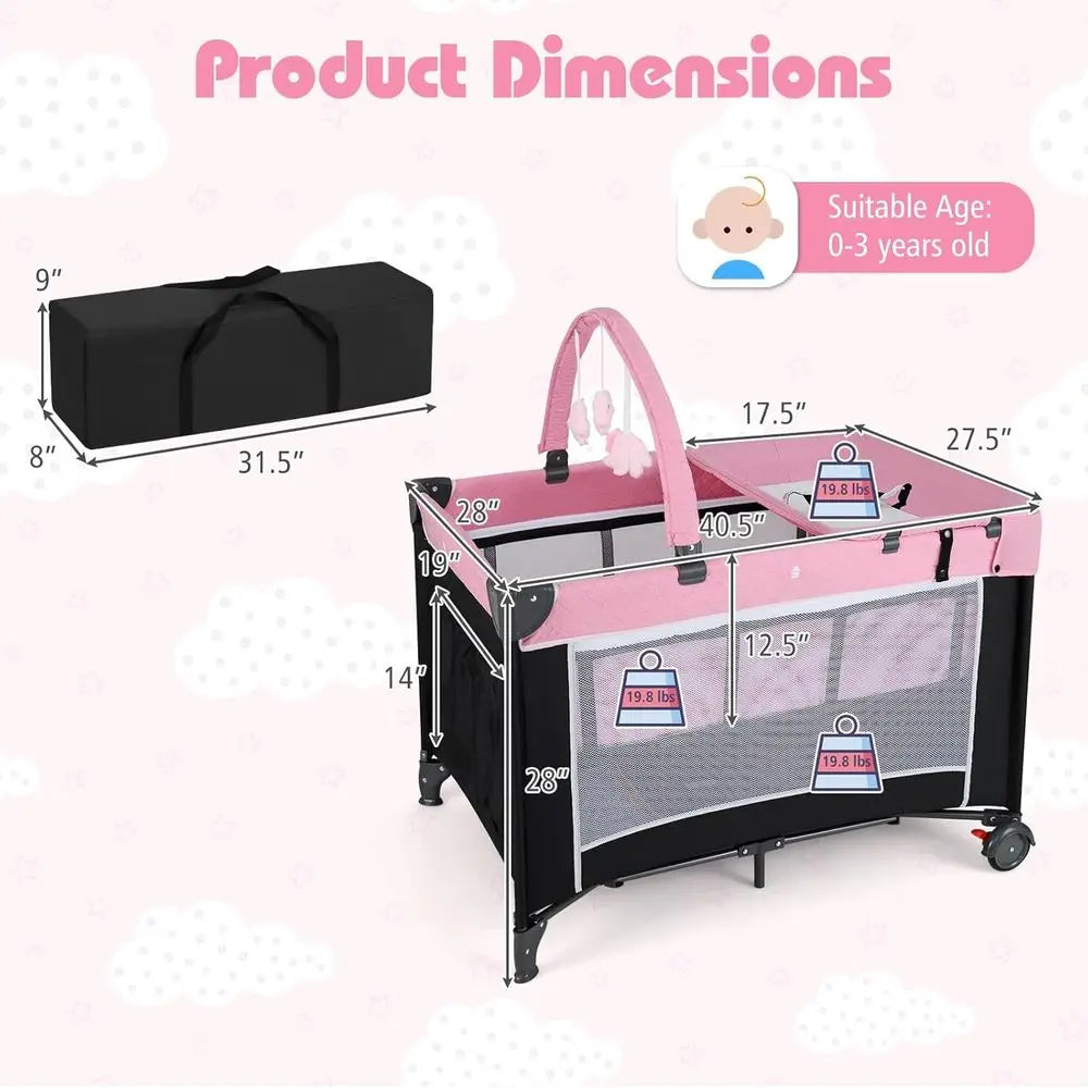Parc pliant 4 en 1 avec couffin, changeur de couches et jouets pour bébés et tout-petits - Rose