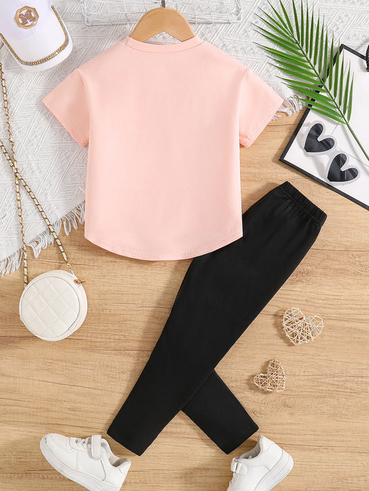 Ensemble Fille 2 Pièces – T-Shirt Cœur & Pantalon Décontracté
