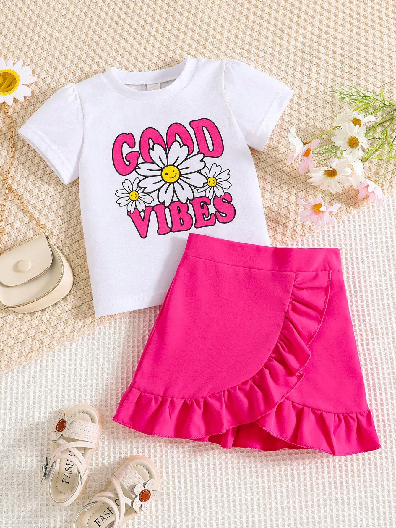 2-piece girls spring/summer fashion cute outdoor casual clothing white knit round neck Daisy print T-shirt + green pleated skirt