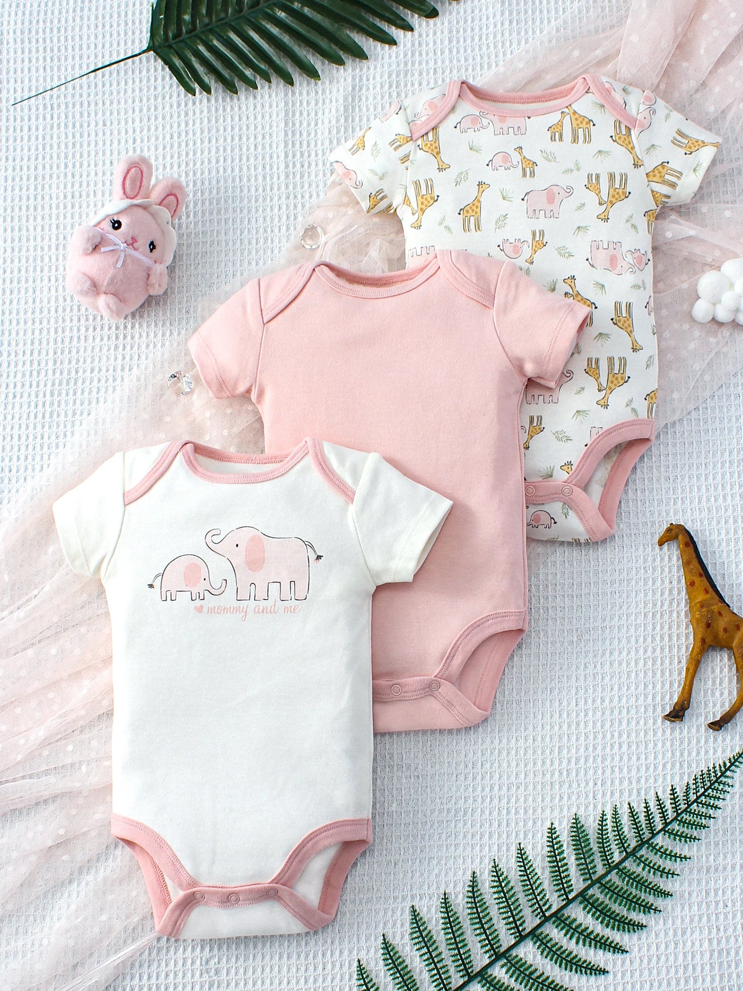 Lot de 3 bodys bébé fille – Motifs animaux & éléphant, coton doux