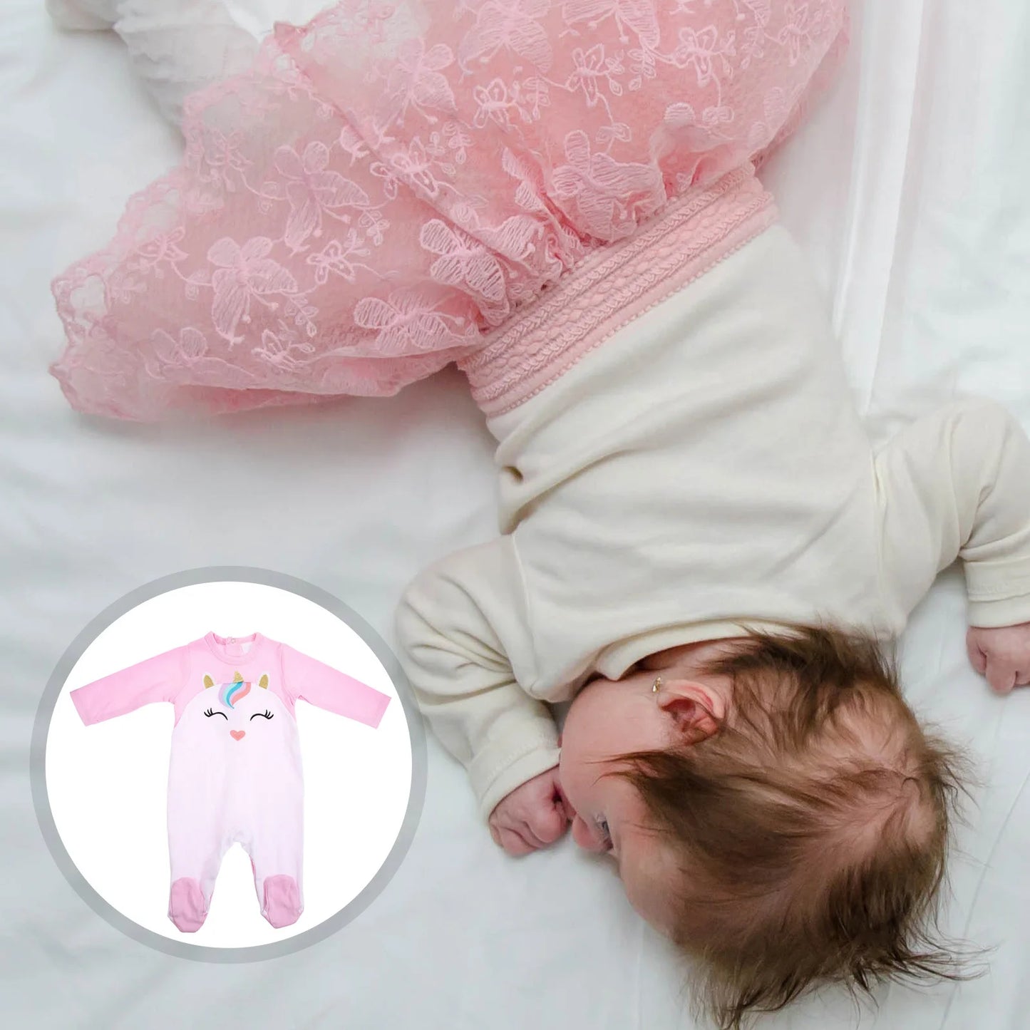 Pyjama licorne bébé fille en coton – Barboteuse à pieds manches longues