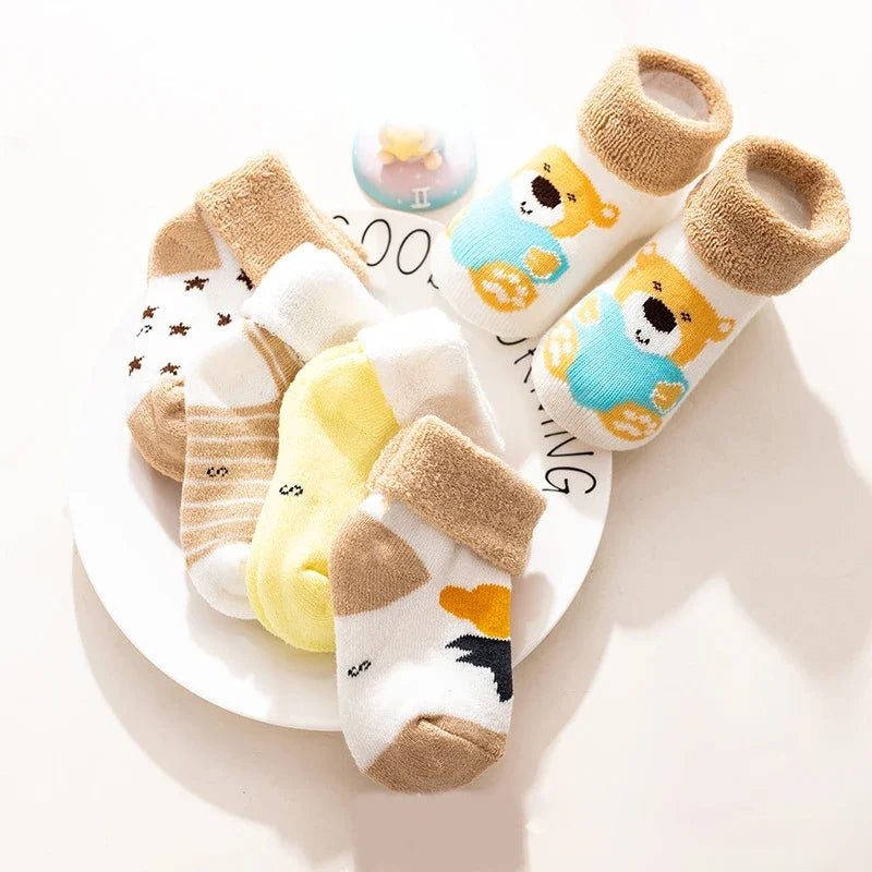 Lot de 5 paires chaussettes bébé – Chaudes & épaisses – Motifs cartoon (automne/hiver)