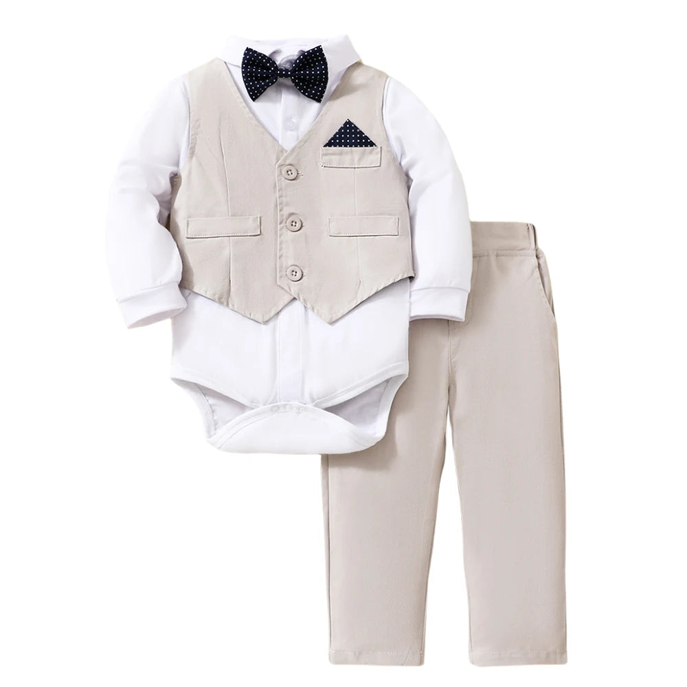 Tenue de gentleman à manches longues pour garçon, ensemble de barboteuses monochromes pour bébé, vêtements pour nouveau-né imbibés, premier anniversaire, printemps et automne, 3-36 mois