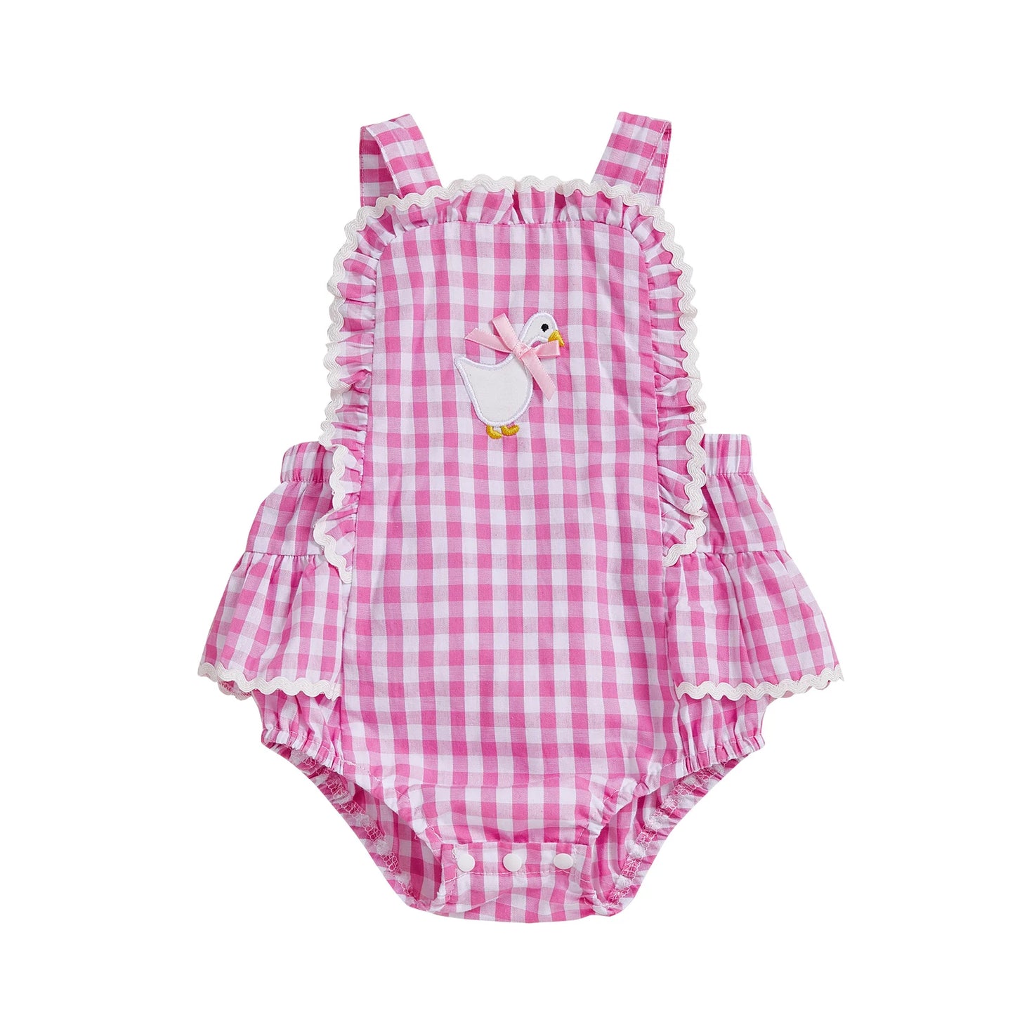 BeQeuewll été bébé fille body salopette douce sans manches Plaid broderie canard barboteuse mignon nœud dos nu nouveau-né vêtements