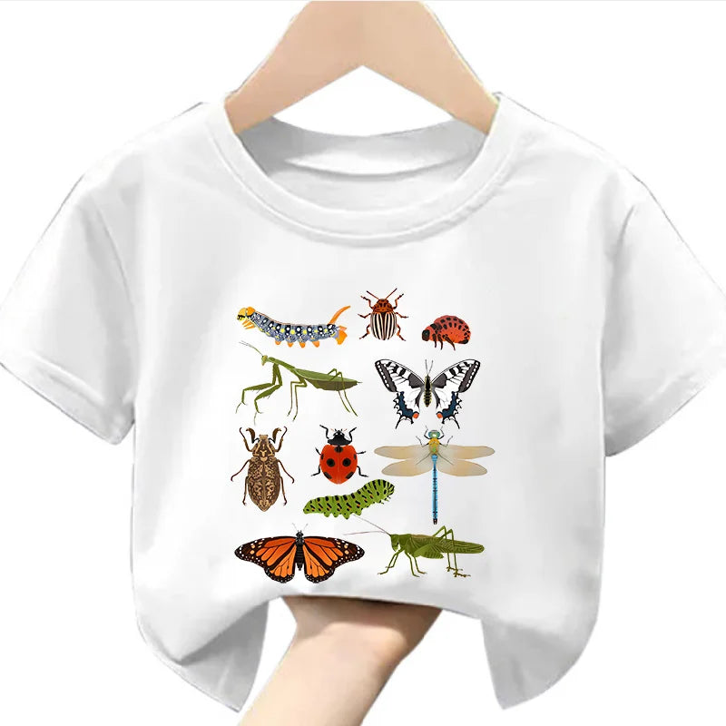 Girls Short-Sleeve T-Shirt Insect Science Print Casual Crew-Neck Children's Summer Wear Kids' Clothes