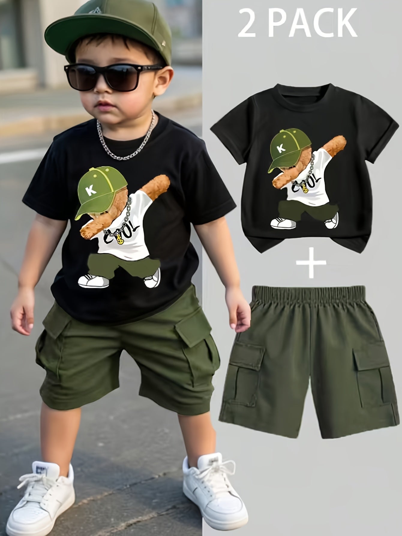 Ensemble garçon 2 pièces été – T-shirt imprimé ours & short confortable (Look décontracté)