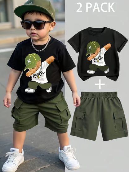 Ensemble garçon 2 pièces été – T-shirt imprimé ours & short confortable (Look décontracté)