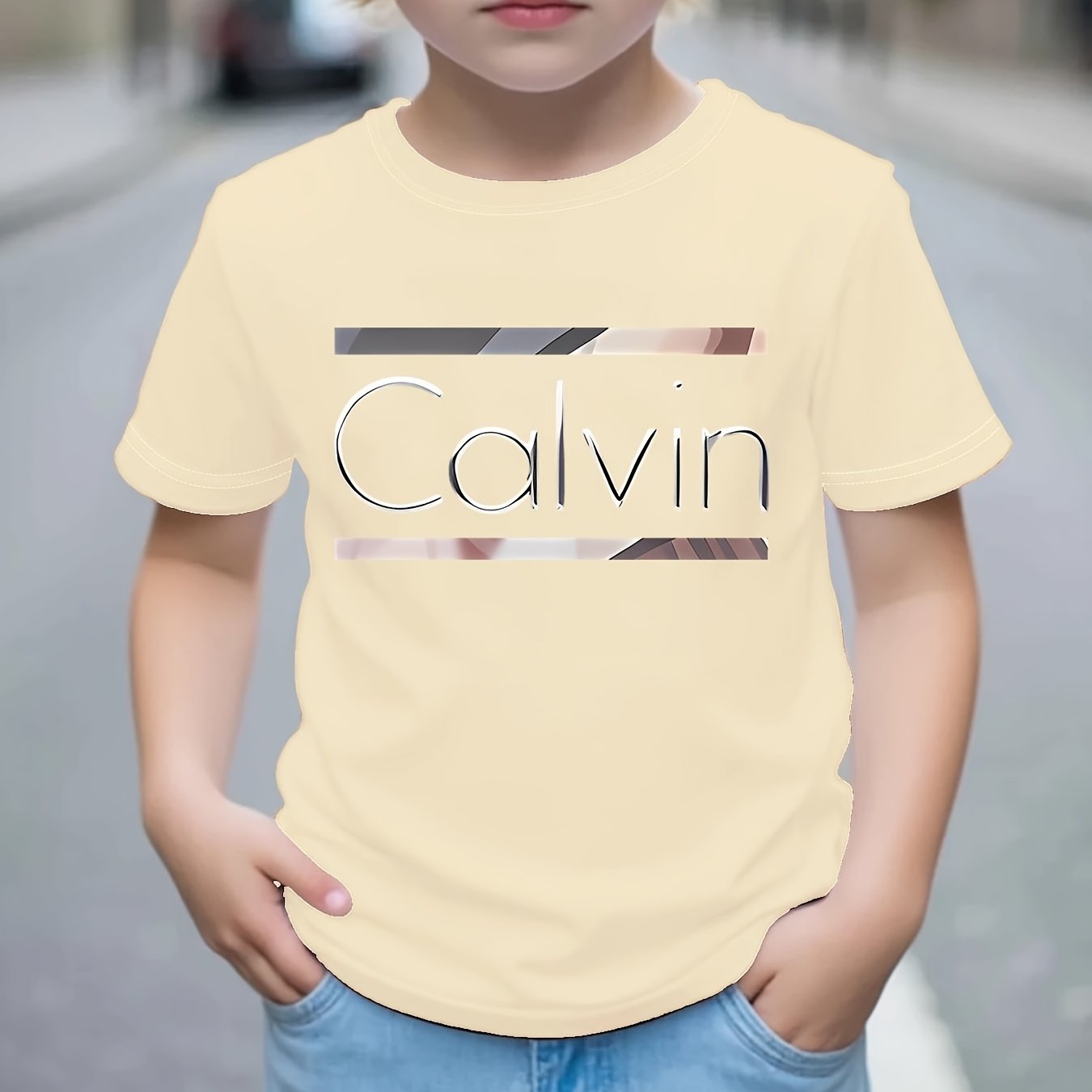 Boys' Calvin Letter '' T-Shirt - Short Sleeve Round Neck Casual Summer Tee with Calvin Name Print, Machine Washable Spring/Summer Outfits for, Casual Attire & Playdates ( & Boys)