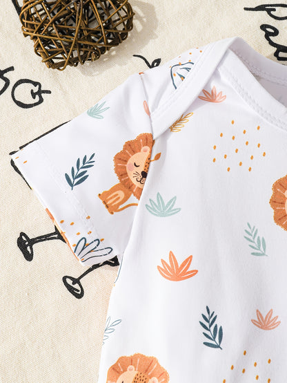 Ensemble bébé 3 pièces – Salopette short lion & tournesol avec t-shirt et chapeau | Été