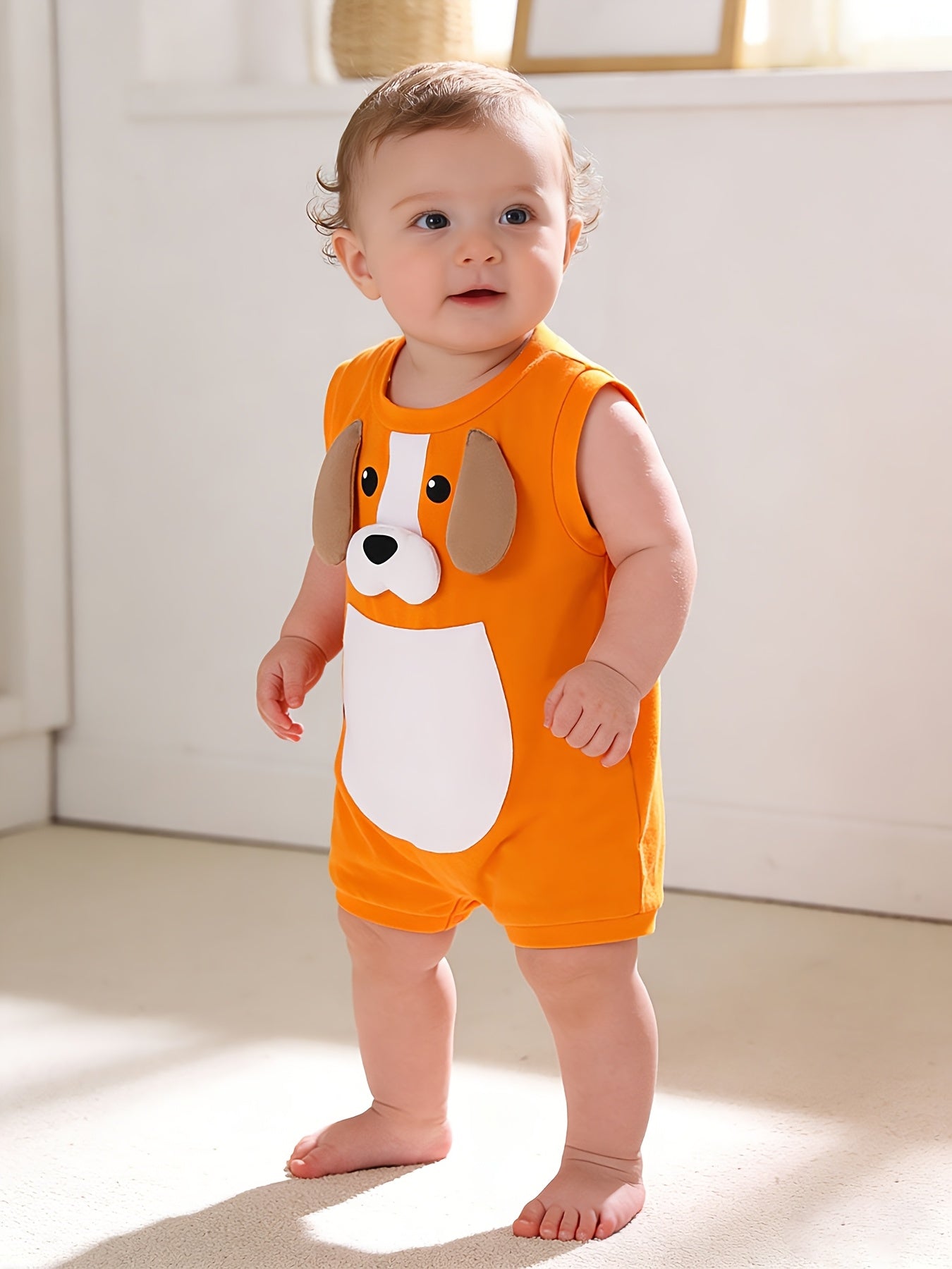 Combinaison bébé sans manches Orange Chien – Romper cartoon mignon avec oreilles 3D