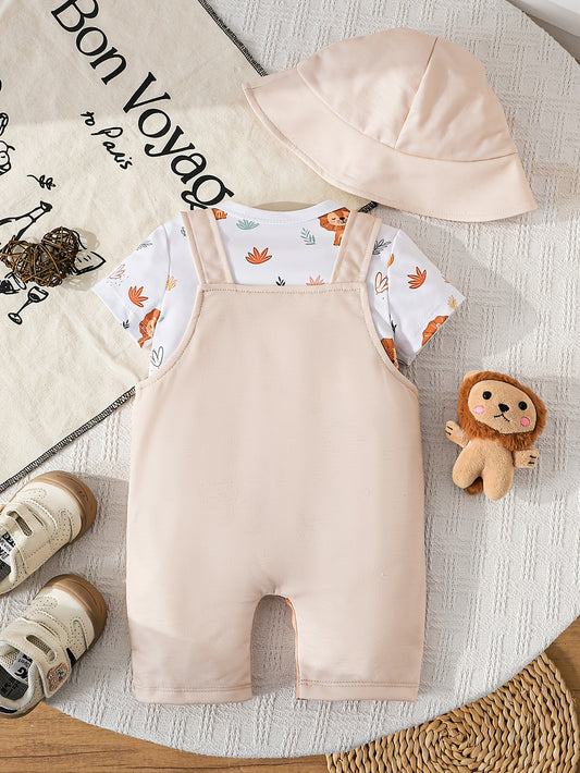 Ensemble bébé 3 pièces – Salopette short lion & tournesol avec t-shirt et chapeau | Été