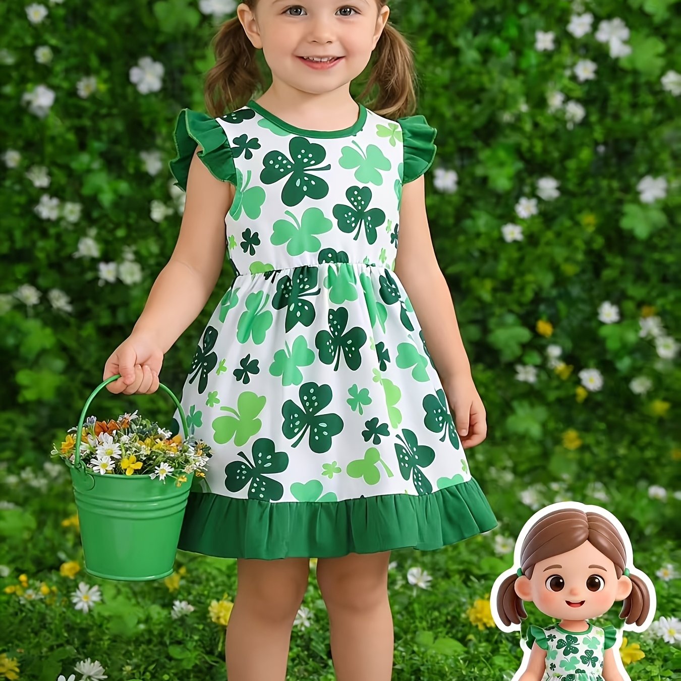 Robe bébé fille décontractée à manches volantes avec motifs trèfle vert – Printemps & Été