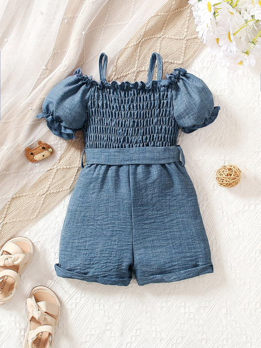 Combinaison bébé fille décontractée style faux jean avec volants aux épaules et ceinture