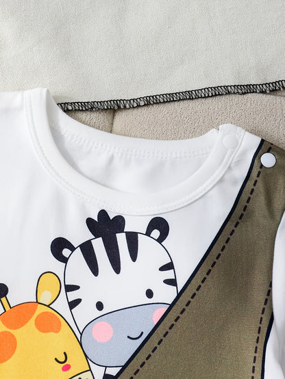 Ensemble été garçon 2 pièces – T-shirt à motif animal avec short patchwork et capuche