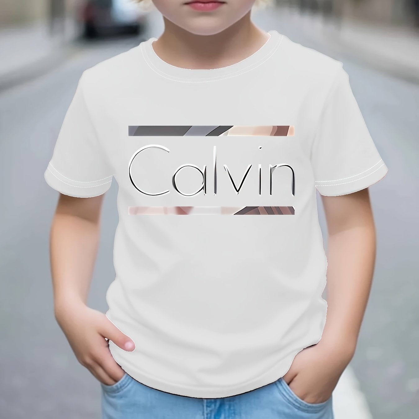 Boys' Calvin Letter '' T-Shirt - Short Sleeve Round Neck Casual Summer Tee with Calvin Name Print, Machine Washable Spring/Summer Outfits for, Casual Attire & Playdates ( & Boys)