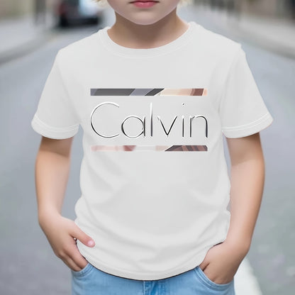 Boys' Calvin Letter '' T-Shirt - Short Sleeve Round Neck Casual Summer Tee with Calvin Name Print, Machine Washable Spring/Summer Outfits for, Casual Attire & Playdates ( & Boys)