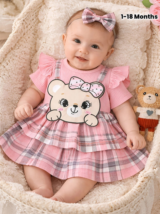 Robe bébé fille 2-en-1 rose motif ourson avec bandeau assorti – Look mignon & confortable