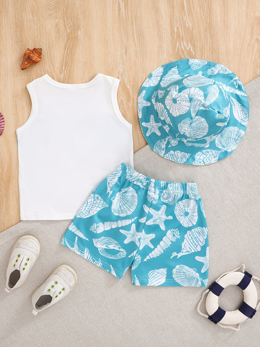 Ensemble garçon 3 pièces été – Débardeur & Short imprimés étoiles de mer avec chapeau assorti