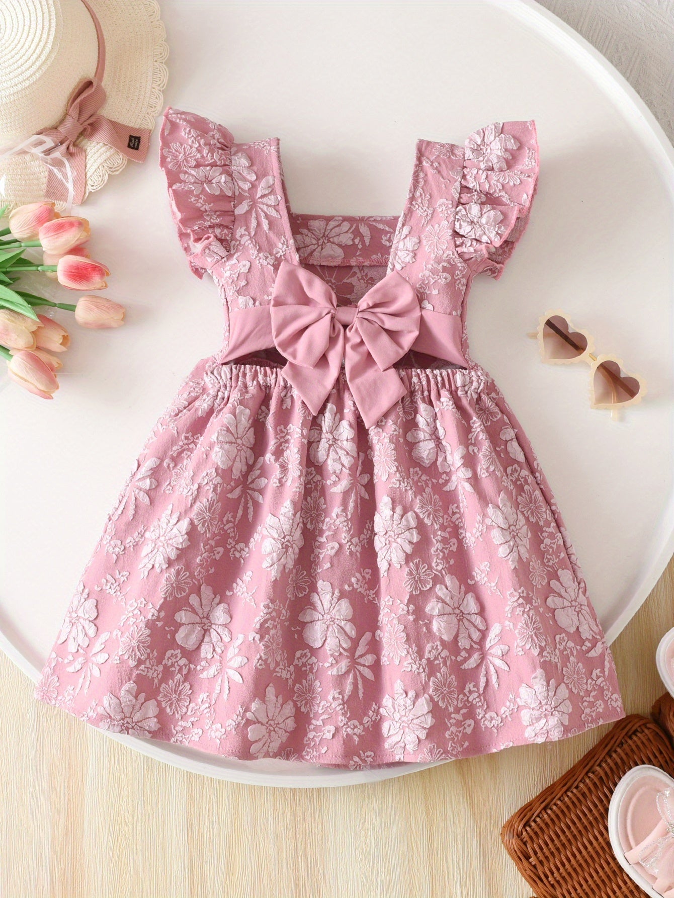 Robe d’Été Fille Sans Manches à Nœud – Coupe Évasée, Col Carré, Style Princesse