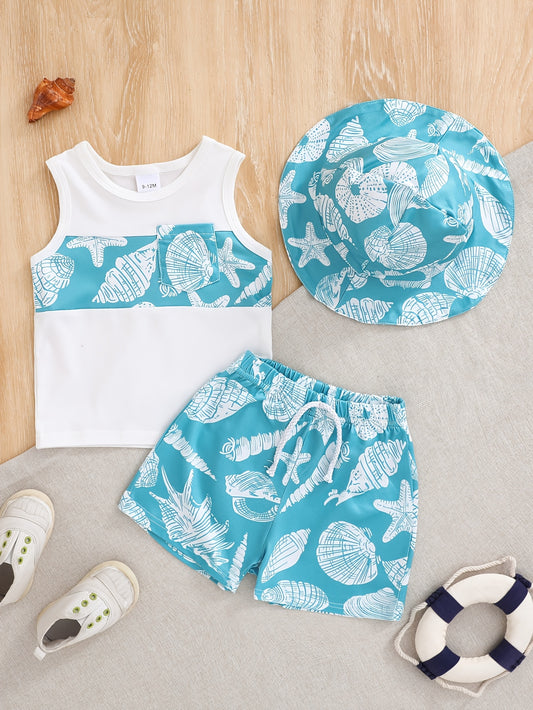 Ensemble garçon 3 pièces été – Débardeur & Short imprimés étoiles de mer avec chapeau assorti