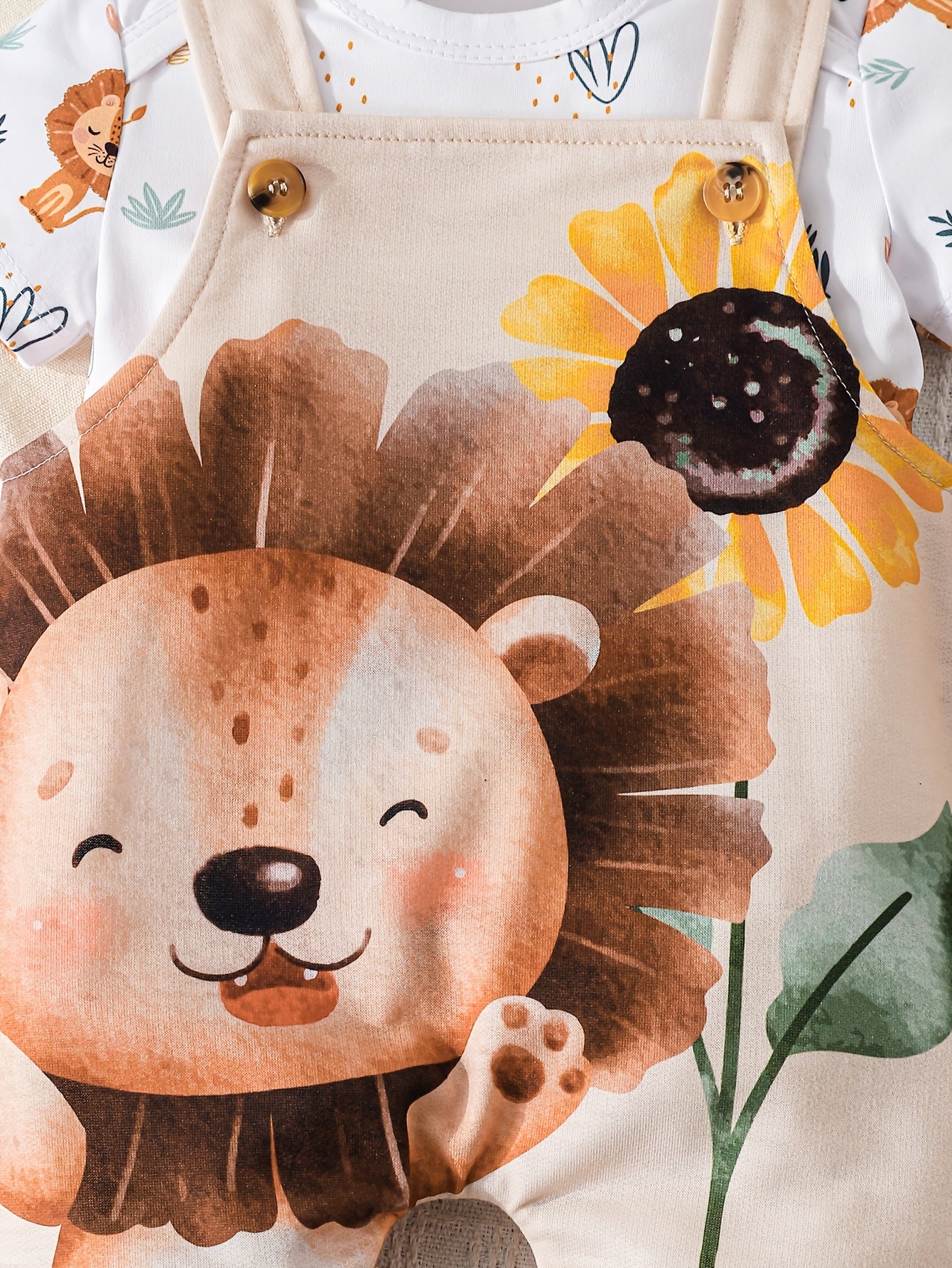 Ensemble bébé 3 pièces – Salopette short lion & tournesol avec t-shirt et chapeau | Été