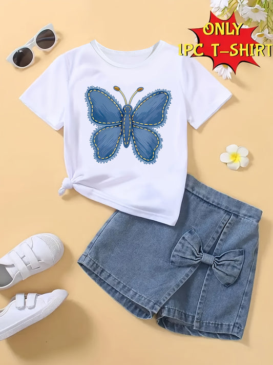 T-shirt fille à manches courtes imprimé papillon bleu – Haut seul, doux et confortable (été)