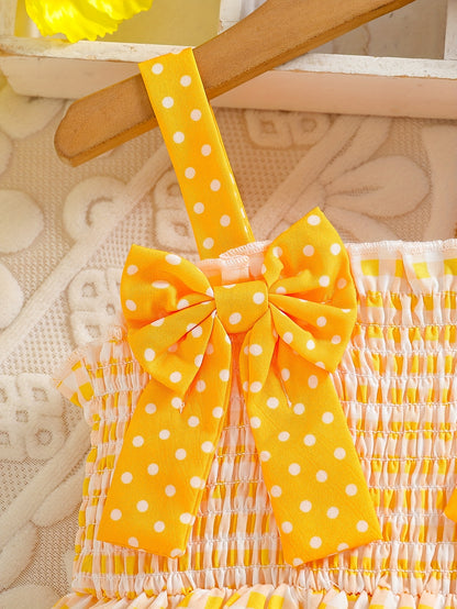 Robe d’été bébé fille à carreaux jaunes – Bretelles à nœuds & motif ananas – 6 mois à 3 ans