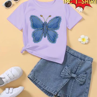 T-shirt fille à manches courtes imprimé papillon bleu – Haut seul, doux et confortable (été)