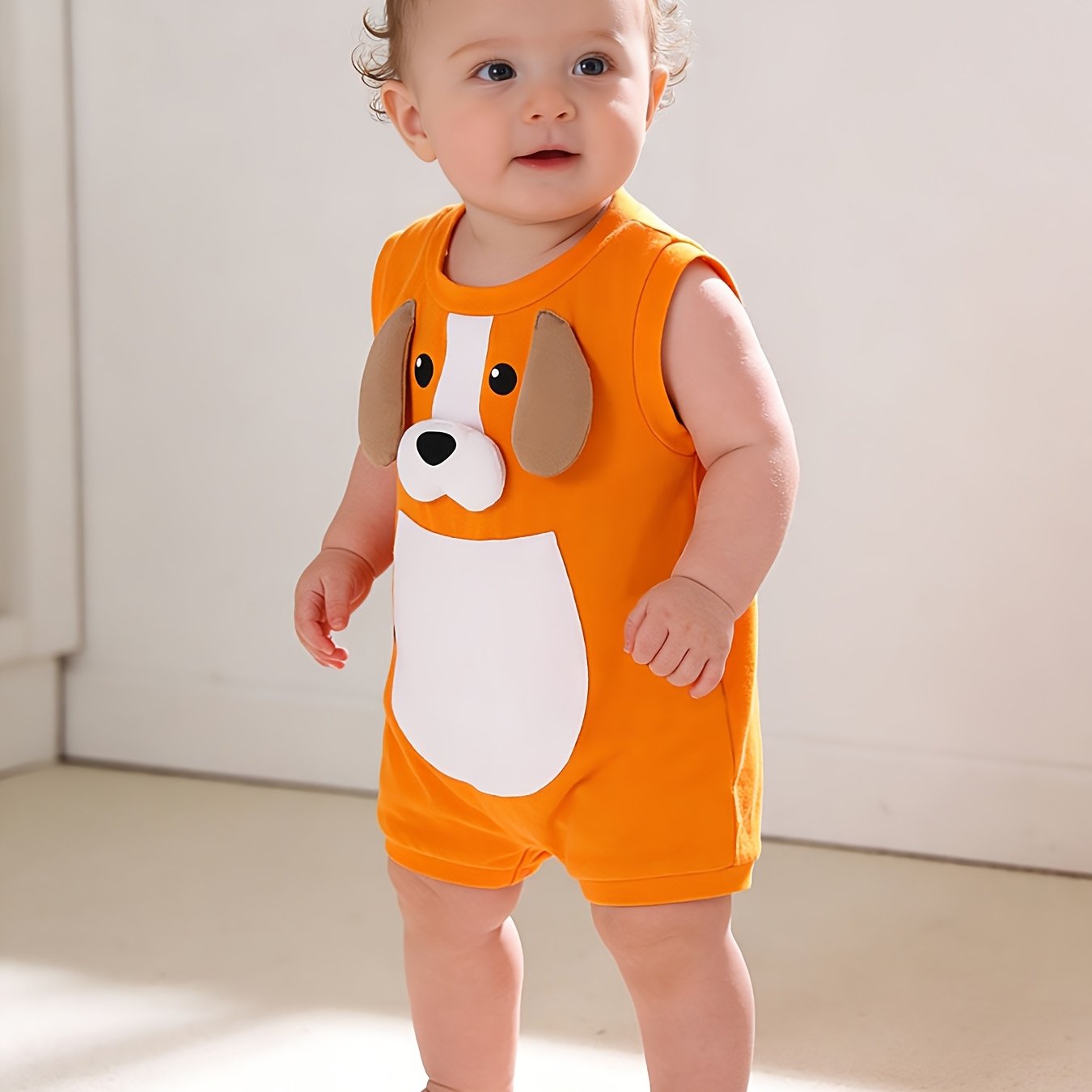 Combinaison bébé sans manches Orange Chien – Romper cartoon mignon avec oreilles 3D