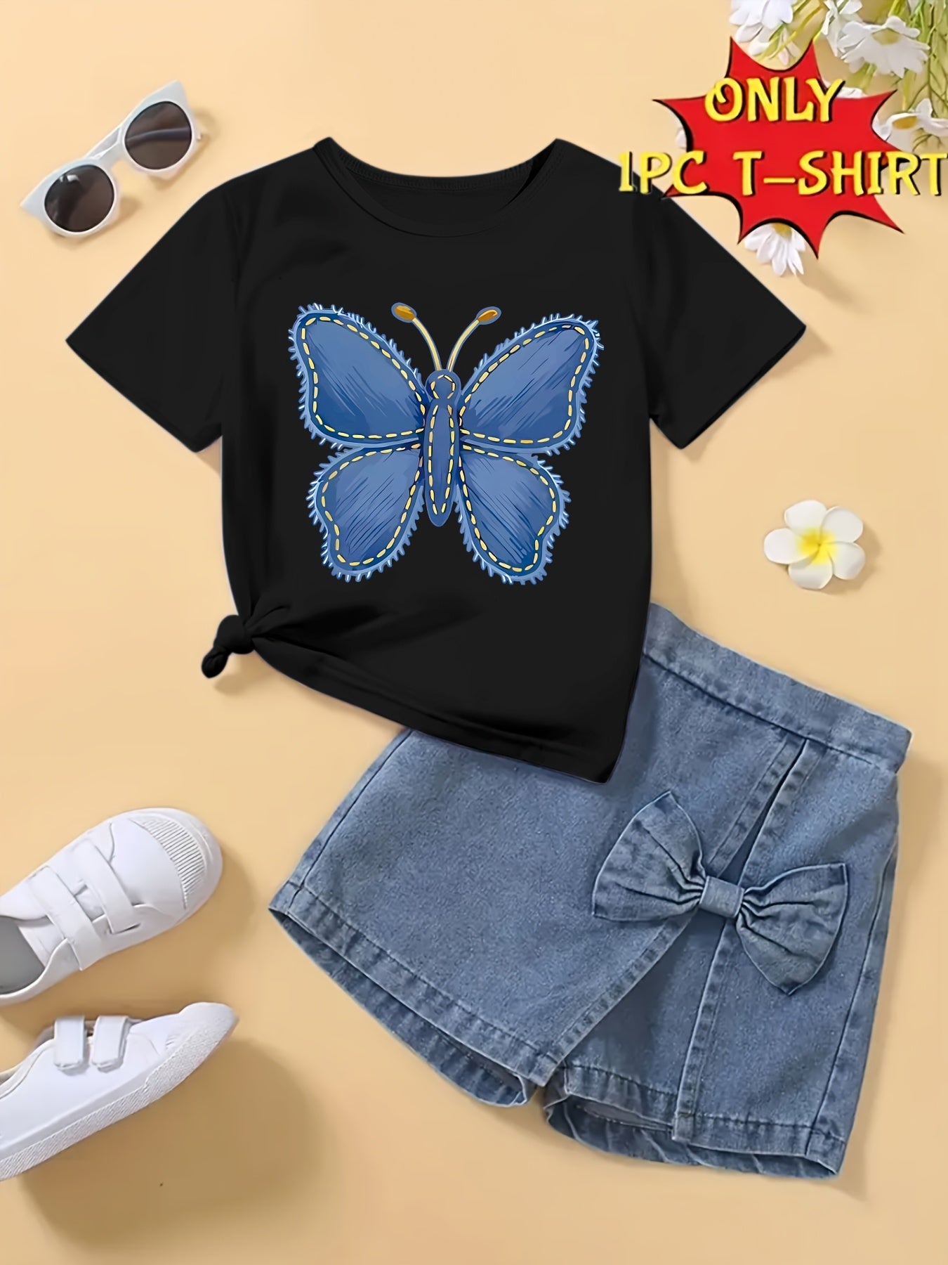T-shirt fille à manches courtes imprimé papillon bleu – Haut seul, doux et confortable (été)