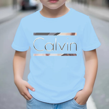 Boys' Calvin Letter '' T-Shirt - Short Sleeve Round Neck Casual Summer Tee with Calvin Name Print, Machine Washable Spring/Summer Outfits for, Casual Attire & Playdates ( & Boys)