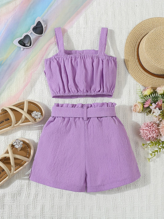 Ensemble 2 pièces fille Feuille de Lotus – Haut sans manches & Short assorti, tenue d’été élégante