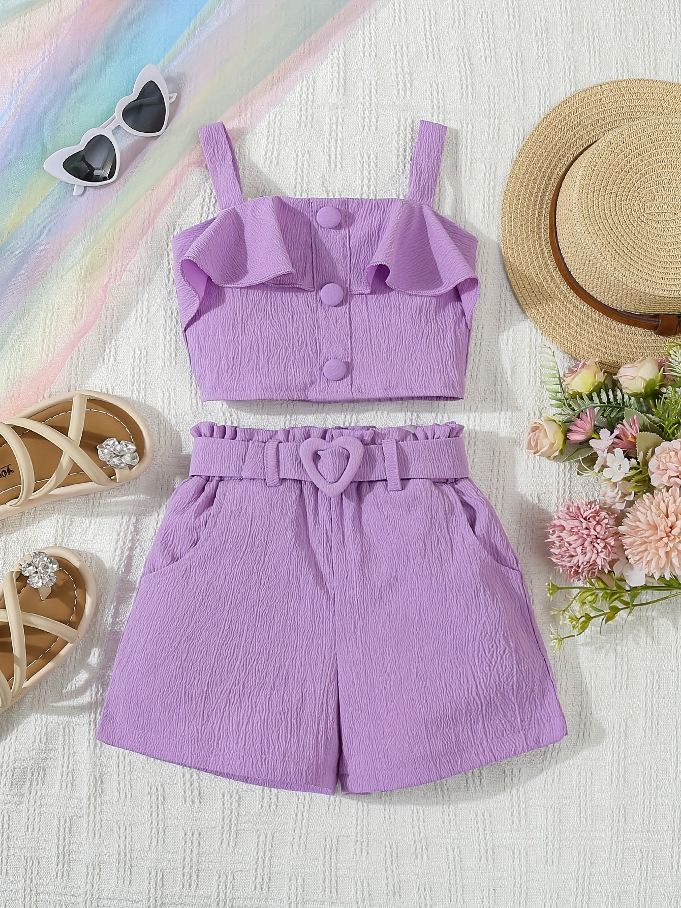 Ensemble 2 pièces fille Feuille de Lotus – Haut sans manches & Short assorti, tenue d’été élégante