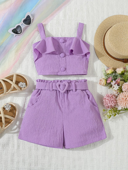Ensemble 2 pièces fille Feuille de Lotus – Haut sans manches & Short assorti, tenue d’été élégante