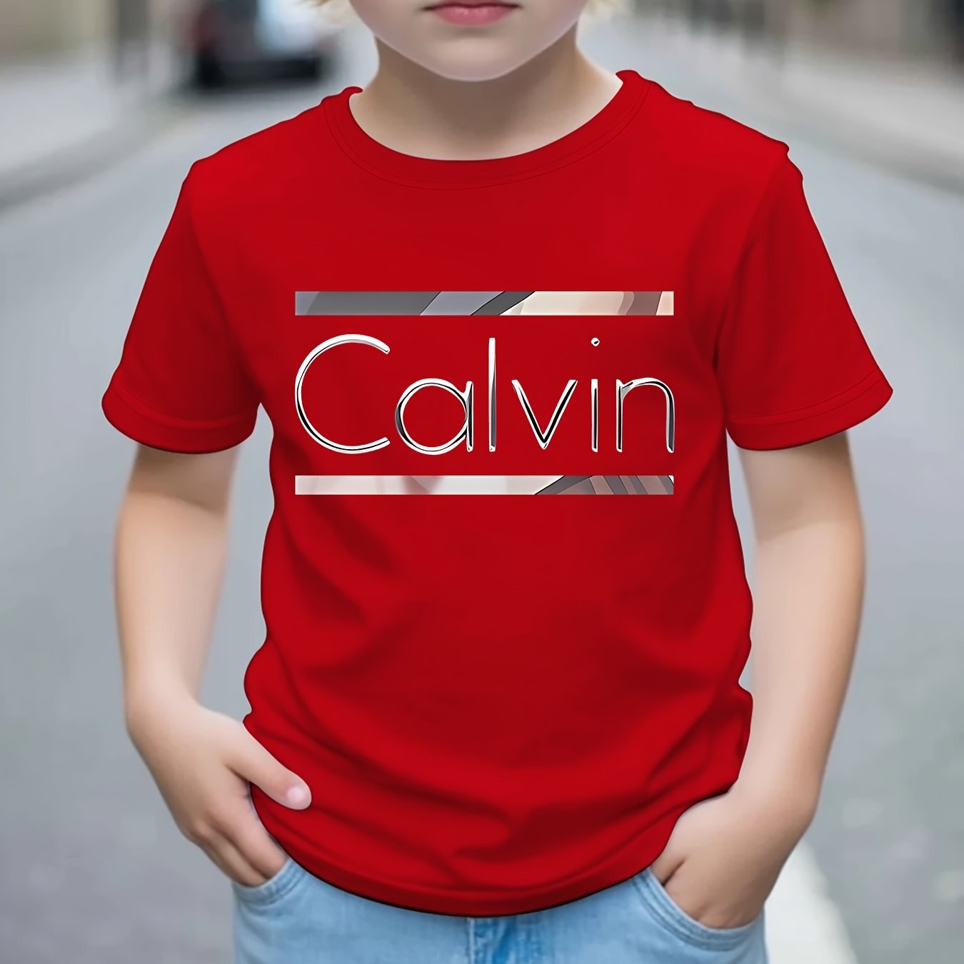 Boys' Calvin Letter '' T-Shirt - Short Sleeve Round Neck Casual Summer Tee with Calvin Name Print, Machine Washable Spring/Summer Outfits for, Casual Attire & Playdates ( & Boys)