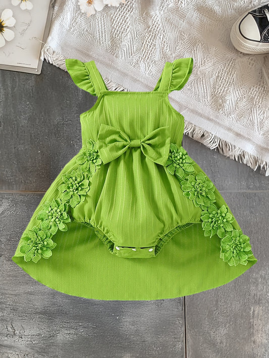 Combinaison bébé élégante verte décorée de fleurs 3D avec manches à volants et grand nœud