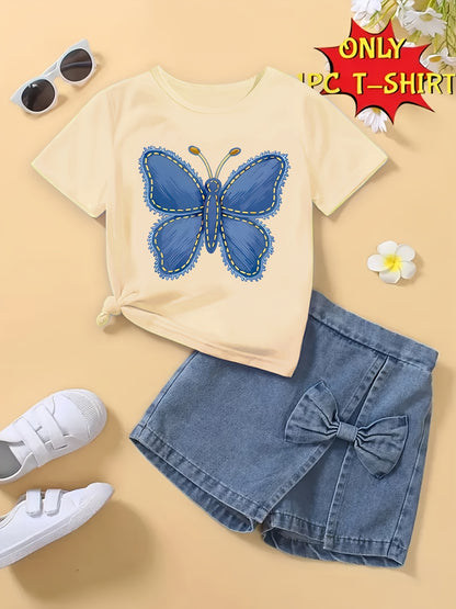 T-shirt fille à manches courtes imprimé papillon bleu – Haut seul, doux et confortable (été)