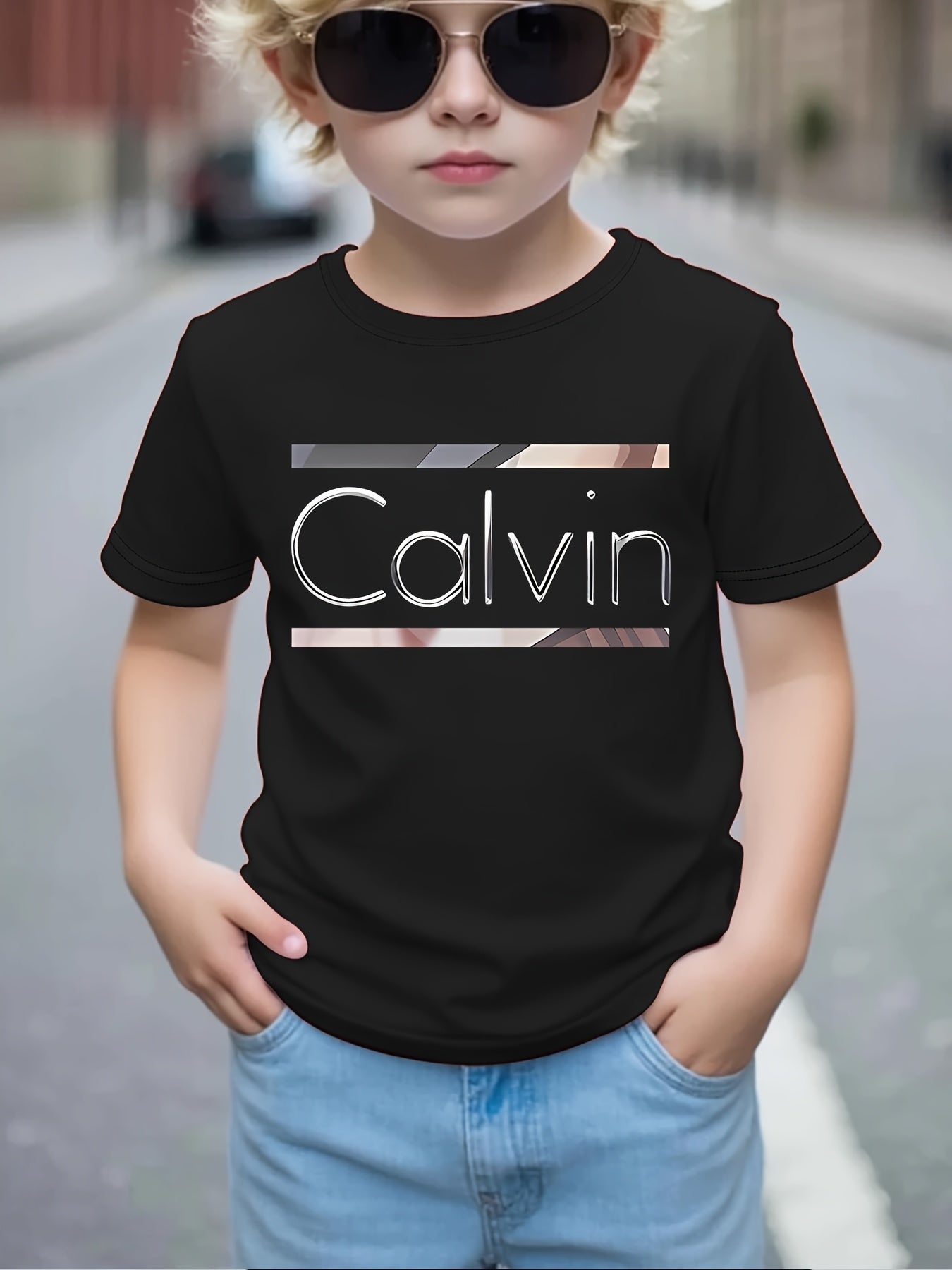 Boys' Calvin Letter '' T-Shirt - Short Sleeve Round Neck Casual Summer Tee with Calvin Name Print, Machine Washable Spring/Summer Outfits for, Casual Attire & Playdates ( & Boys)