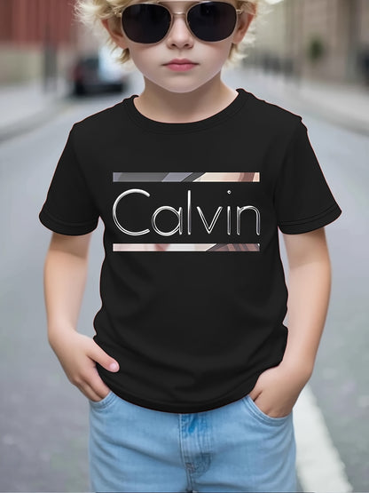 Boys' Calvin Letter '' T-Shirt - Short Sleeve Round Neck Casual Summer Tee with Calvin Name Print, Machine Washable Spring/Summer Outfits for, Casual Attire & Playdates ( & Boys)