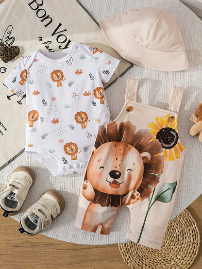 Ensemble bébé 3 pièces – Salopette short lion & tournesol avec t-shirt et chapeau | Été