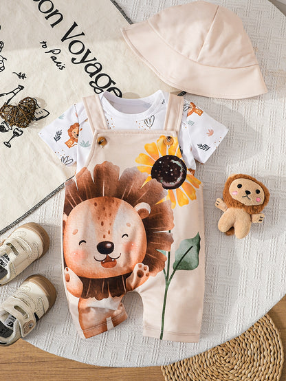 Ensemble bébé 3 pièces – Salopette short lion & tournesol avec t-shirt et chapeau | Été