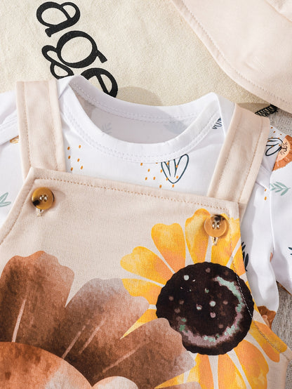 Ensemble bébé 3 pièces – Salopette short lion & tournesol avec t-shirt et chapeau | Été