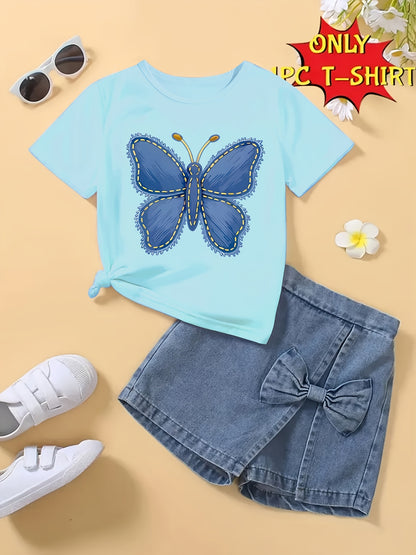 T-shirt fille à manches courtes imprimé papillon bleu – Haut seul, doux et confortable (été)