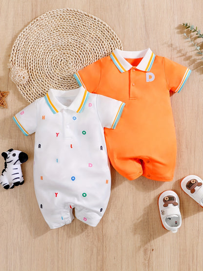 Combinaison Polo Bébé Nouveau-né – 1 Pièce – 100 % Coton Doux – Motifs Lettres Brodées – Été