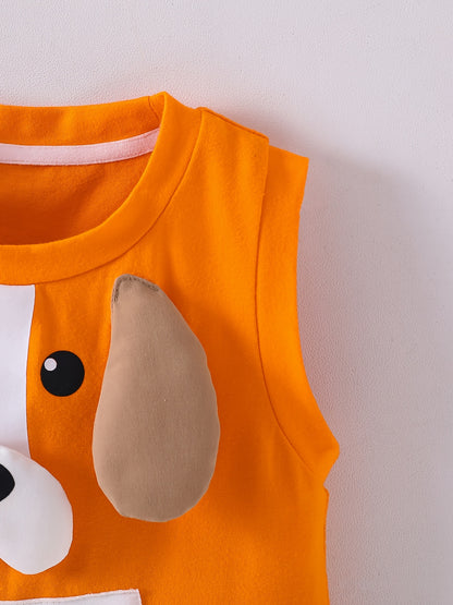 Combinaison bébé sans manches Orange Chien – Romper cartoon mignon avec oreilles 3D